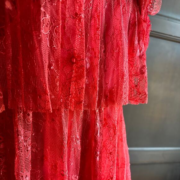BADGLEY MISCHKA | Pink Red Tiered Pleated Lace Bell Sleeve Dress | Size 2 - Picture 5 of 8